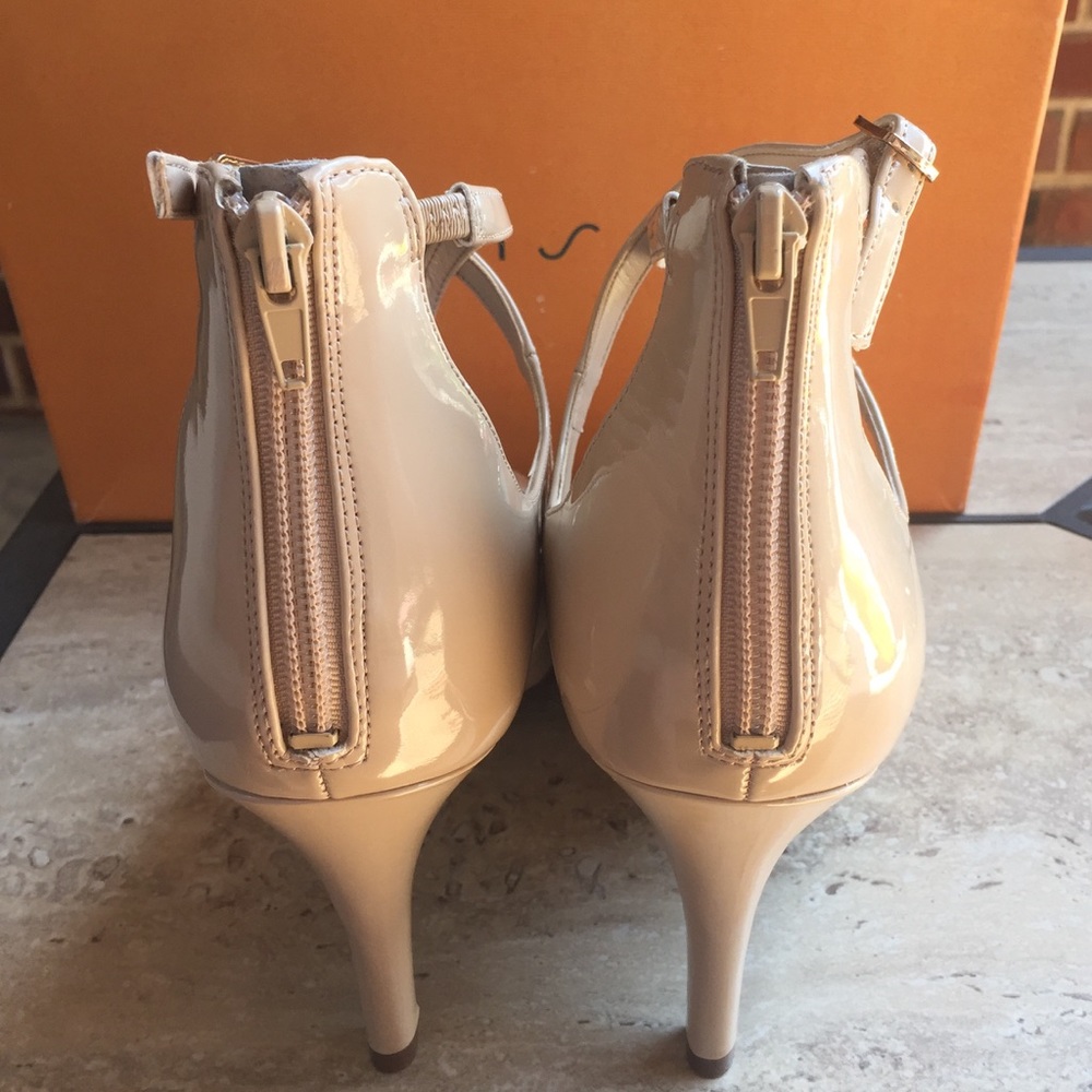 Natural Patent Ankle Cross Strap Peek Toe Heels - Picture 2 of 4